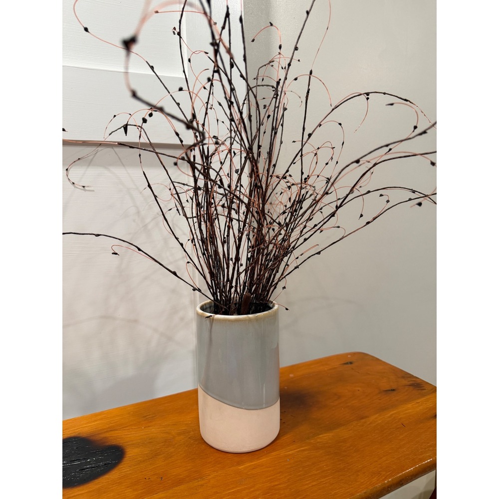 Modern Two Tone Ceramic Cylinder Vase with Decorative Branch Arrangement Grey